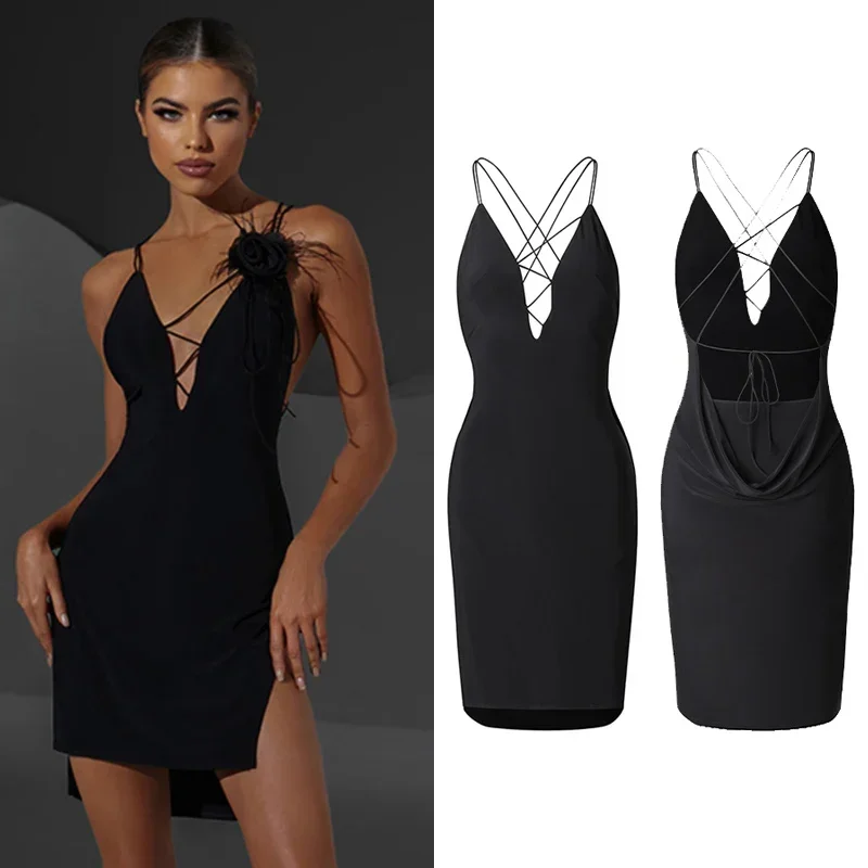 

Summer Latin Dance Dress Women Sexy Backless Black Suspender Dress Rumba Tango Performance Costume Adult Practice Wear DNV17800
