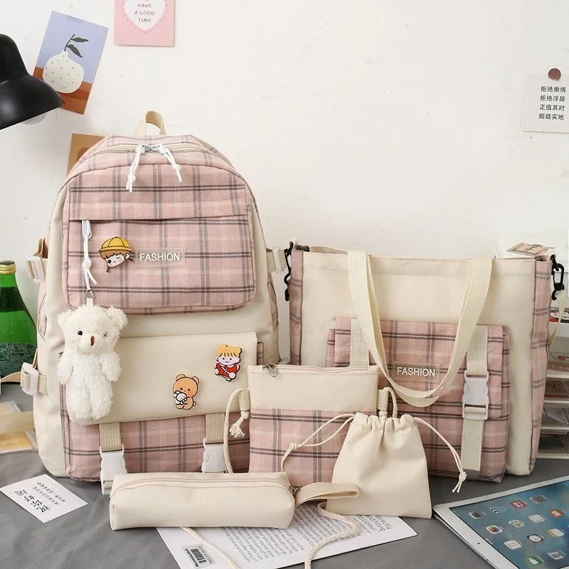 

Japanese Cute Plaid Primary School Students Schoolbag Women Fashion Backpack 5pcs Set with Handbag Kawaii Girls Travel Backpacks