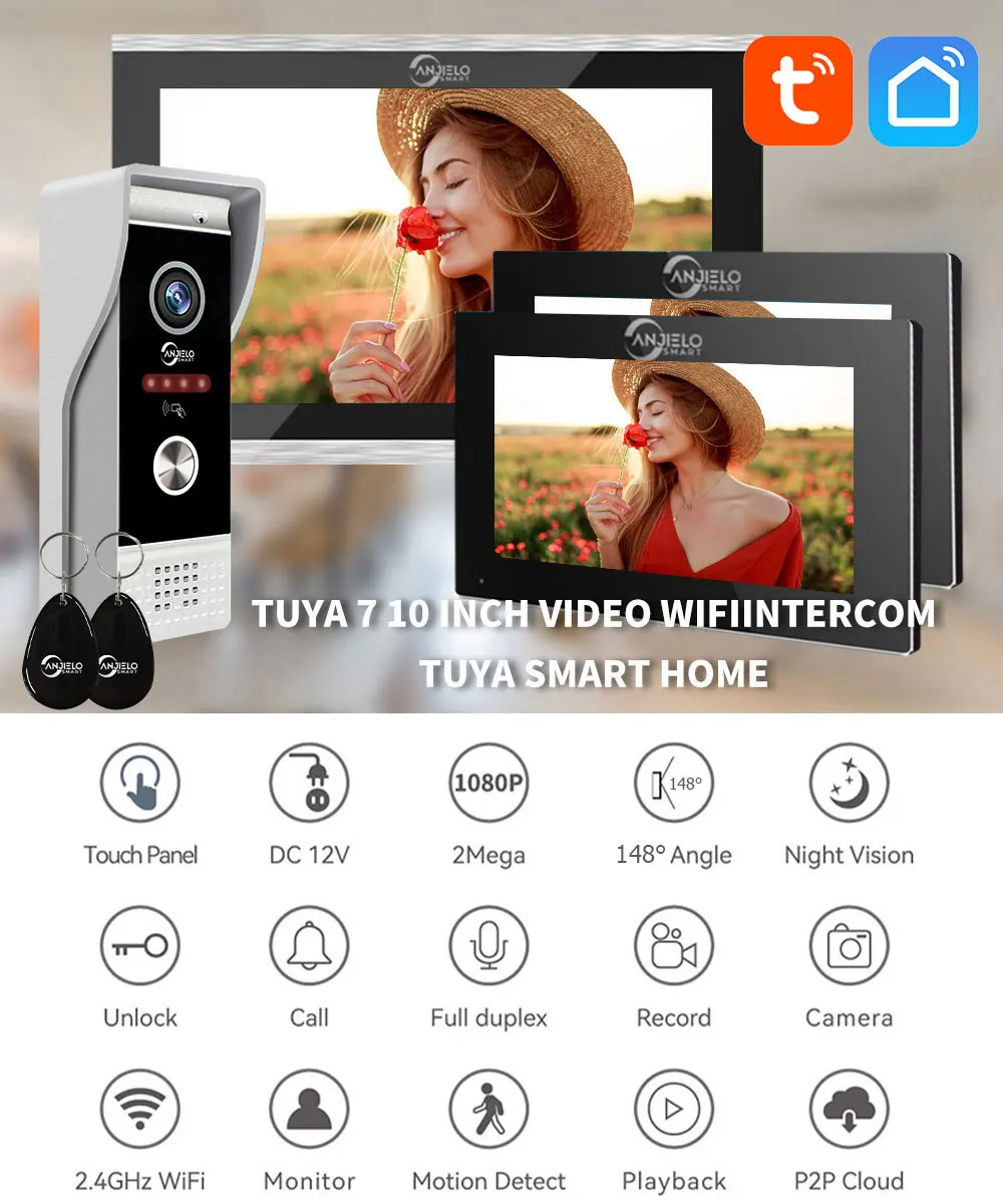 1080P Wifi Video Doorbell Intercom Tuya Smart Home Doorphone RFID Access Control System for Villa Apartment 4Rooms