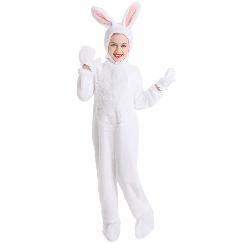 Halloween Children Cute White Plush Rabbit Animal Costume Bodysuits Suit Role Playing Outfits Carnival Forest Stage Show Clothes