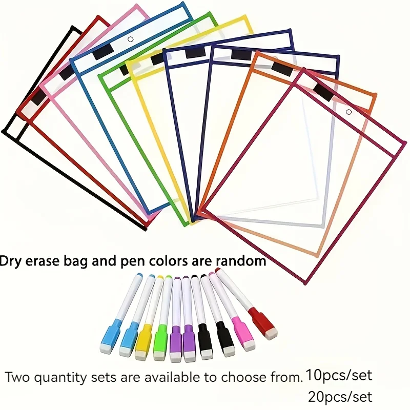 20Pcs Reusable Dry Erase Pockets Set, Extra Large Transparent Write & Wipe Sleeves, Classroom Teacher School Supplies, Includes