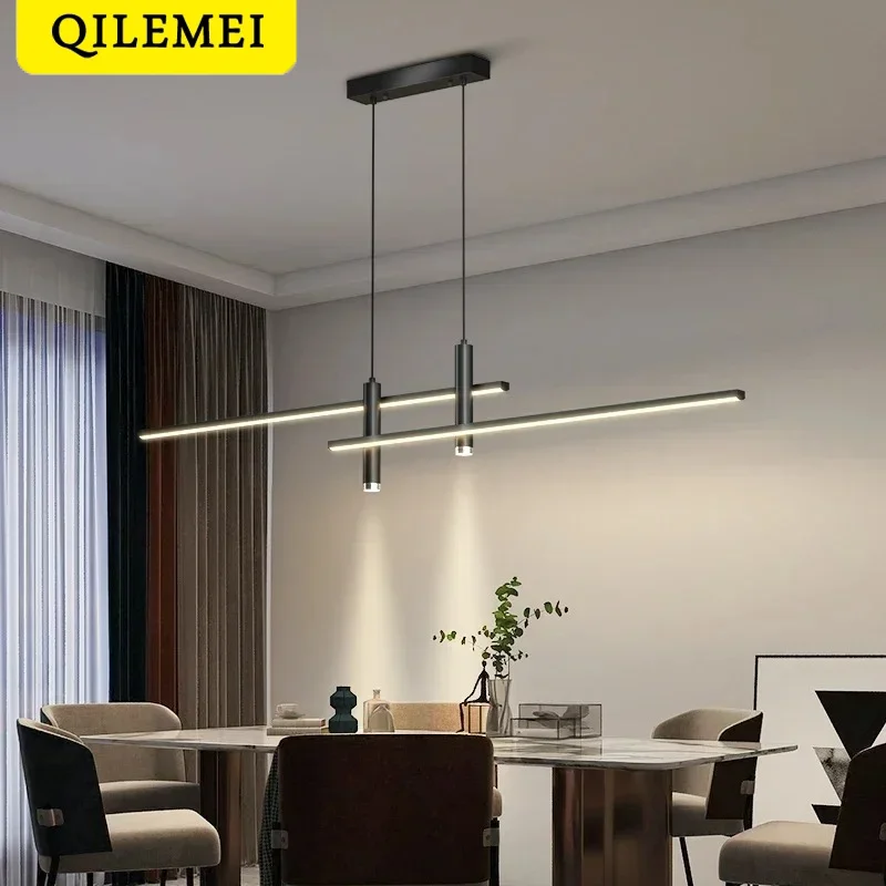 

Modern LED Pendant Lamp Dining Room Table Light With Spotlight Minimalist Straight Strip Chandelier Lighting Lusters Fixtures