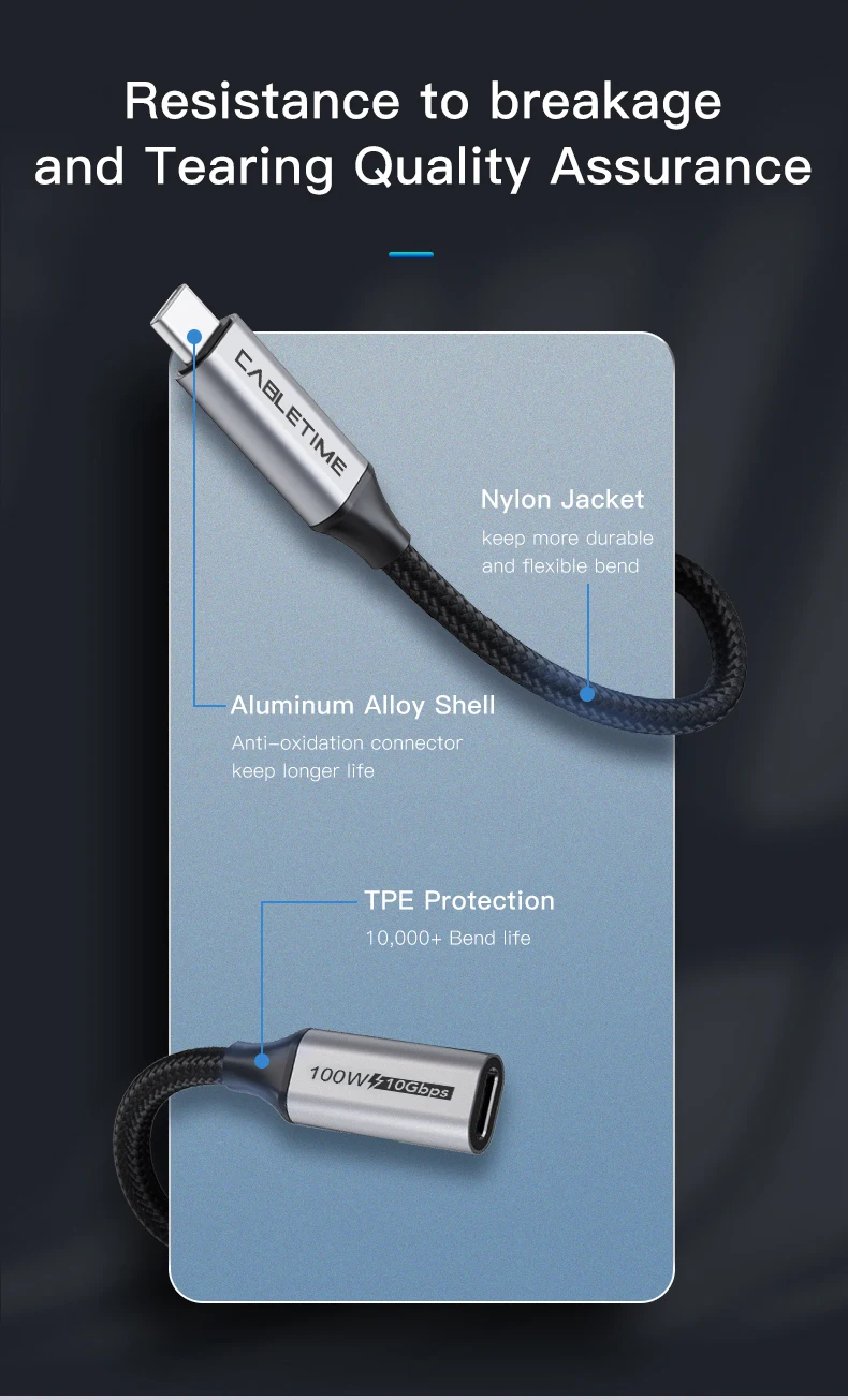 CABLETIME USB-C Verlängerungskabel Typ C Gen 2 Verlängerungskabel 4K 60Hz PD100W 10Gbps für Macbook Laptop iPhone Verlängerungskabel – Detail 9