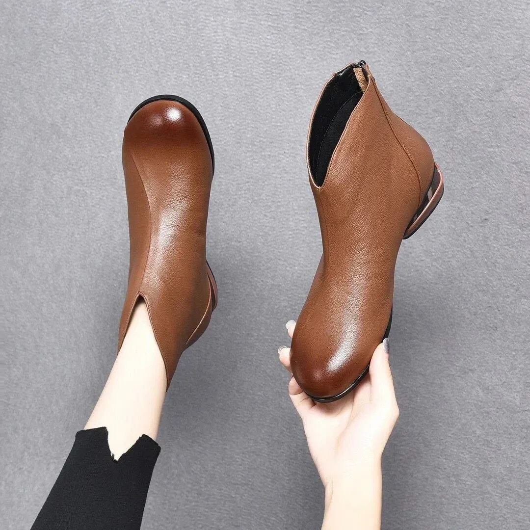 2024 Winter Vintage Brown Leather Boots Woman Wedge Booties Fashion Butterfly-knot Retro Shoes Ladies Zip Platform Boot Female