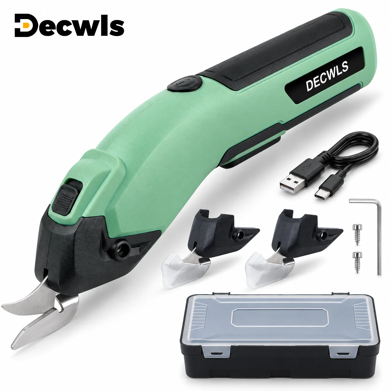 Green Cordless Electric Scissors Fabric Cutter with 3 Blades USB Charging Heavy Duty Professional Cutting Tool for Crafts, Box, Sewing, Carpet