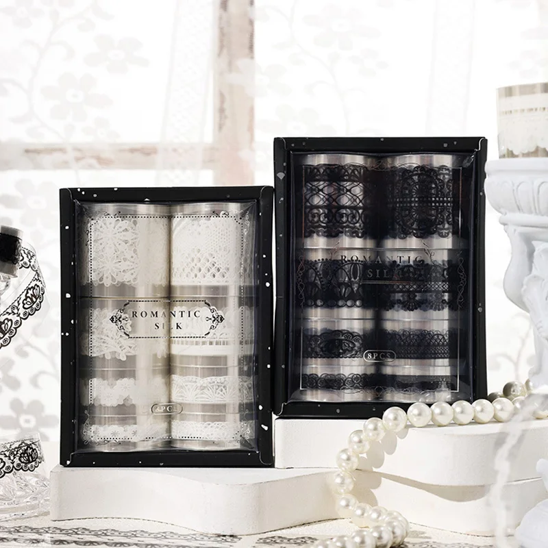 8 rolls - Exquisite black and white lace shaped die-cutting PET tape, used for hand account materials, notebooks, photo album de