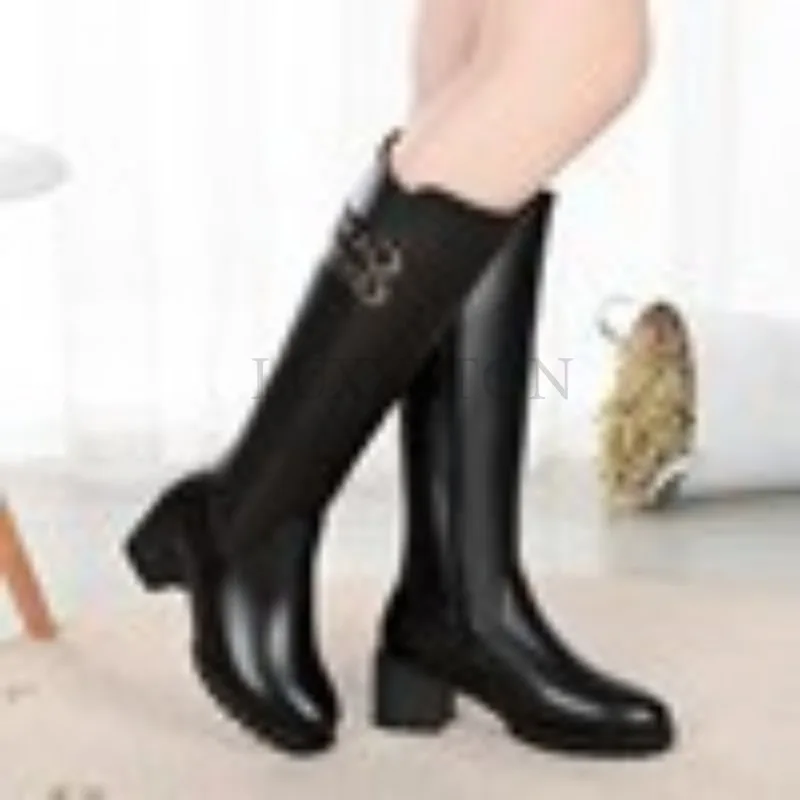 Genuine Leather Round Toe High Heels Women Boots Knee Length Wool Lining for Warmth and Slim Fit Long Leg Knight Boots