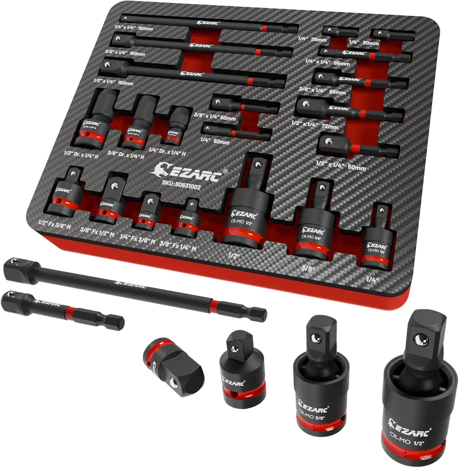 

21PCS Impact Socket Adapter Set, 1/4', 3/8', 1/2' Drive, CR-MO & CR-V Components