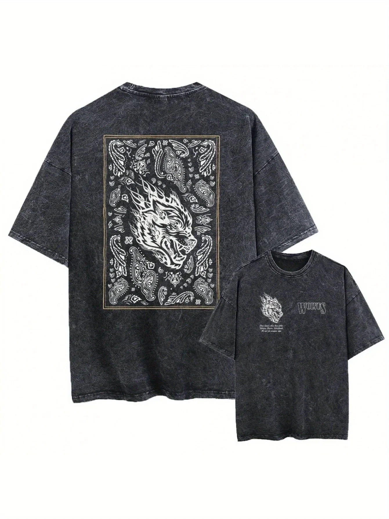 

Голова волка и цветочный узор двусторонний принт, мужские футболки, топы с короткими рукавами, уличная одежда