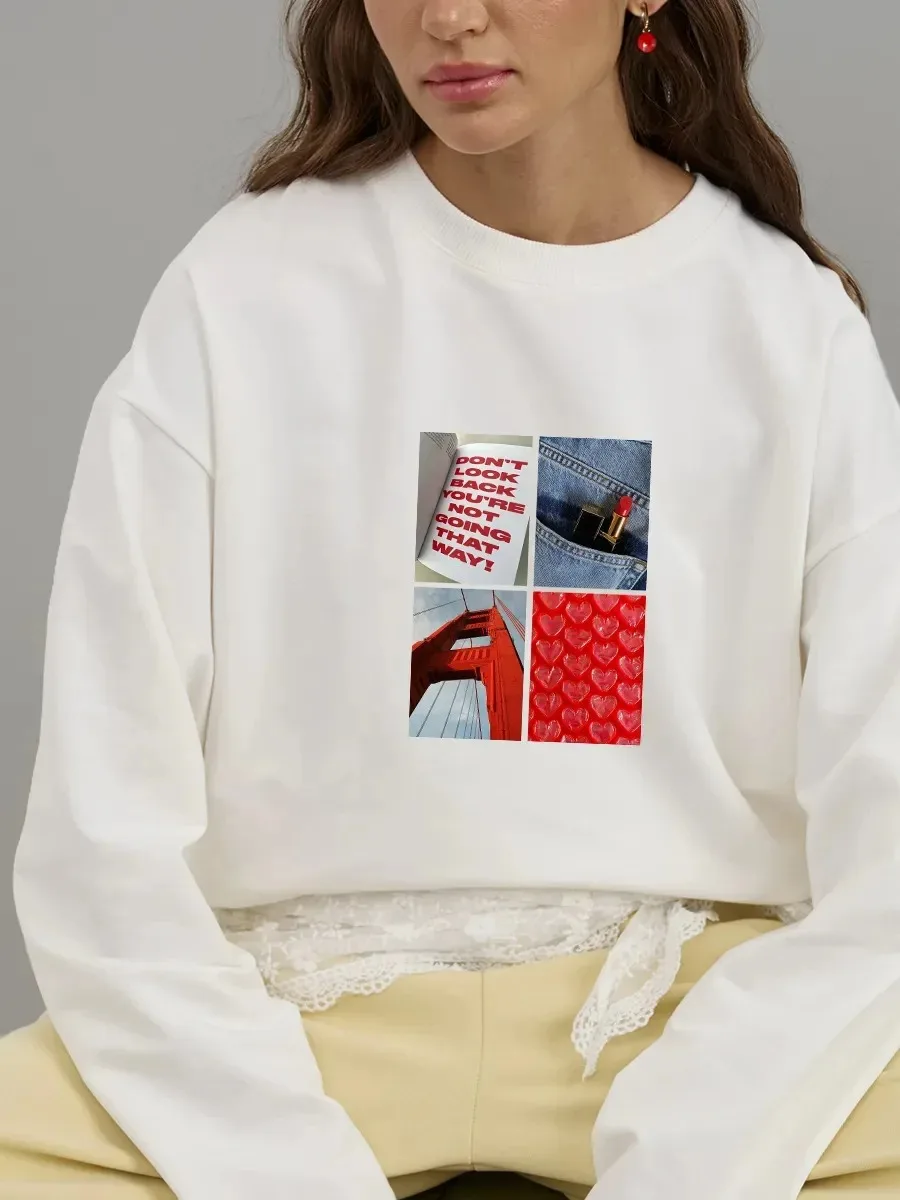 Spring Autumn Cotton Women Chic Collage Print Long Sleeve T-Shirt Trend Comfortable Versatile Daily Casual Basic Fashion Tee