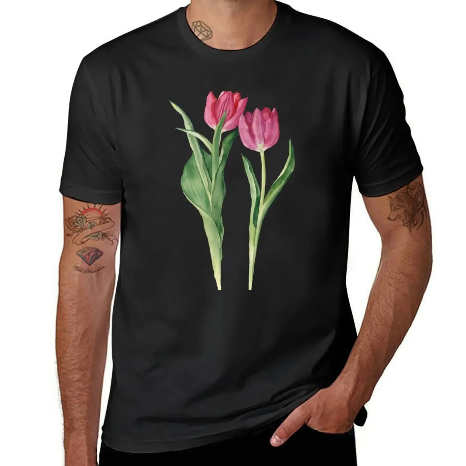 Watercolor pink tulips illustration. T-Shirt Short sleeve tee basketball graphic tees boys animal print oversized t shirt men