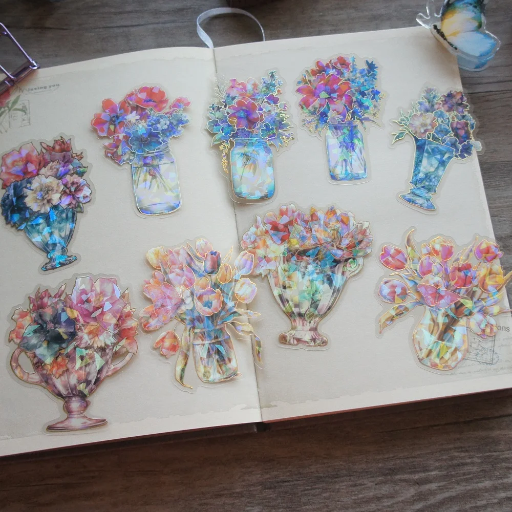 

10pcs Laser Gold Retro Vases and Flowers Style Sticker Scrapbooking DIY Gift Packing Label Decoration Tag