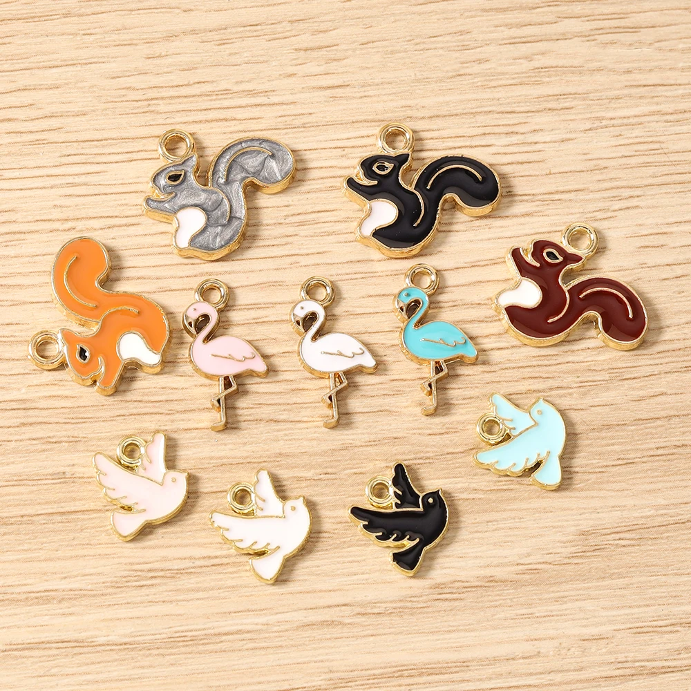 Tusember 10 Stück niedliche Tier-Emaille-Anhänger mit Tauben-, Flamingo- und Eichhörnchenmotiv für Schmuckherstellung, Zubehör, handgefertigte Ohrringe, Armbänder – Detail 1