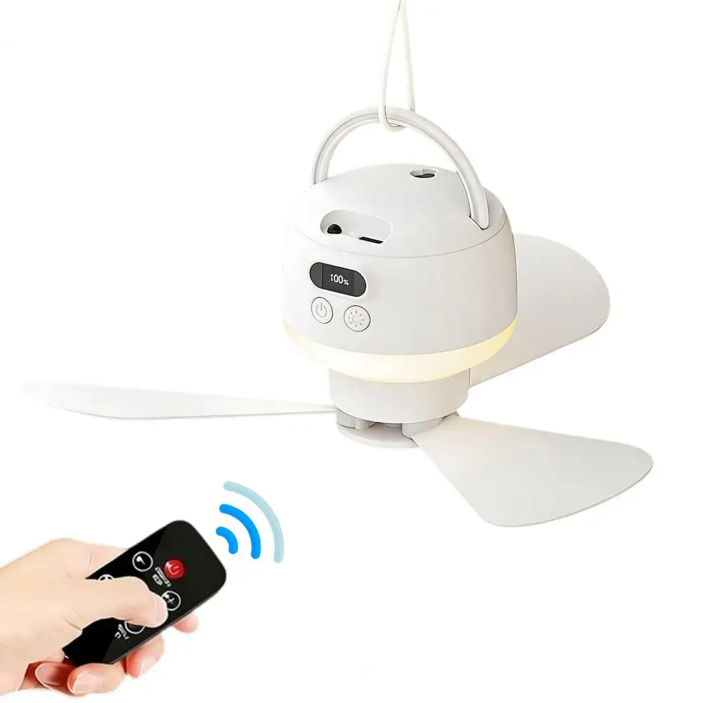 2-in-1 Ceiling Fan Rechargeable Wireless Tent Fan with LED Light Remote Control 4 Speeds 3 Light Modes Timer Quiet Cooling Fan