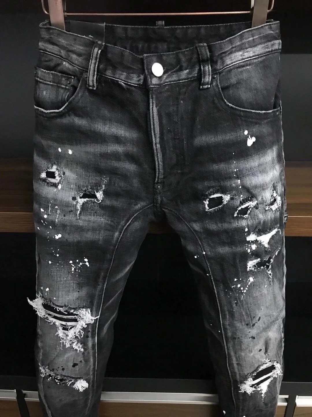 2023 Spring/Summer New D2 Jeans Men's Washed and Worn Hole Patch Car Line Zipper Decoration Small Feet Blue