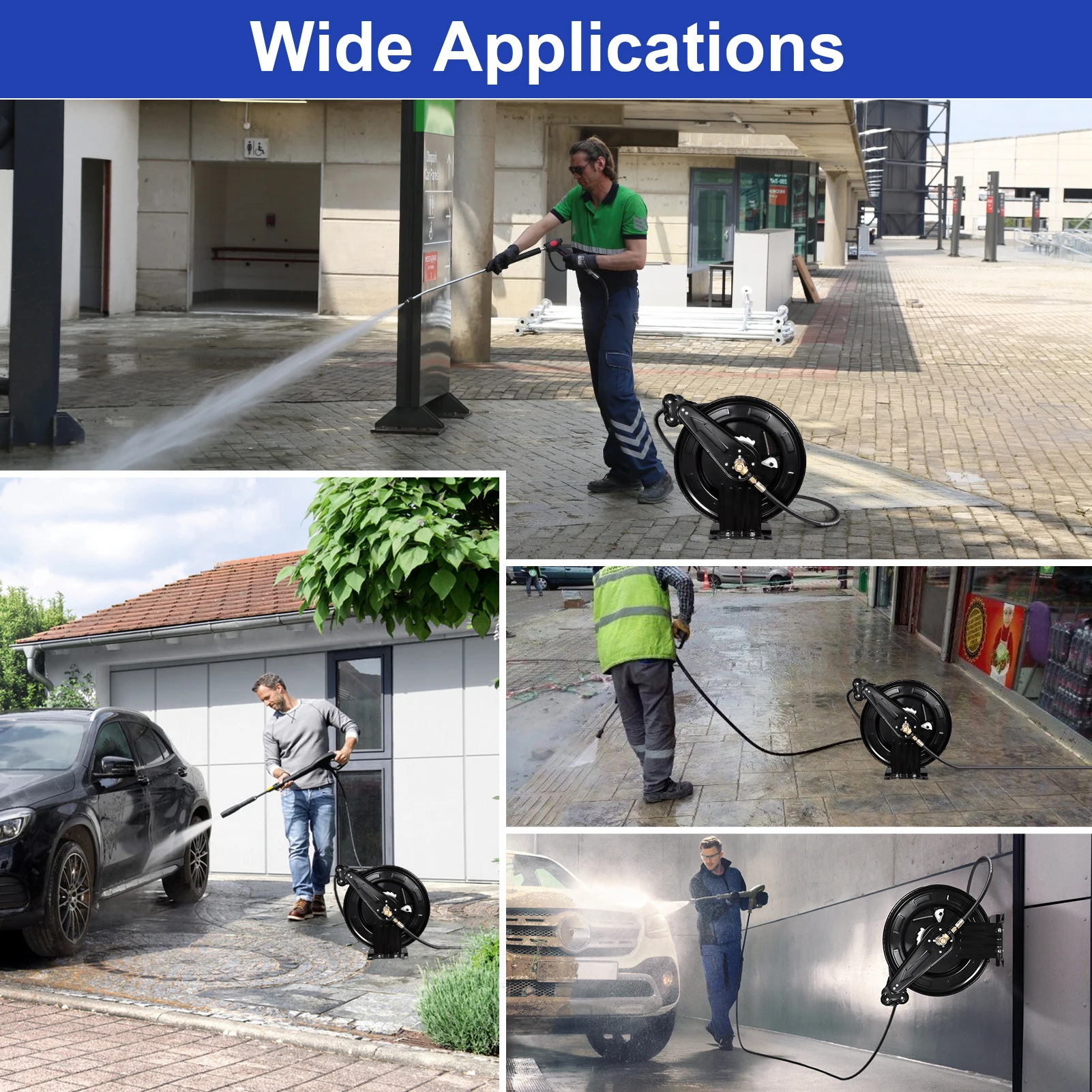 Heavy Duty Pressure Washer Hose Reel 50 FT x 0.59 Inch, Industrial Grade Steel Double Arm Manual Crank Reel, 4000 PSI High Pressure Washer Hose Storage, Wall Floor Ceiling Mounted Swivel Bracket for Air Water Liquid Use view 4