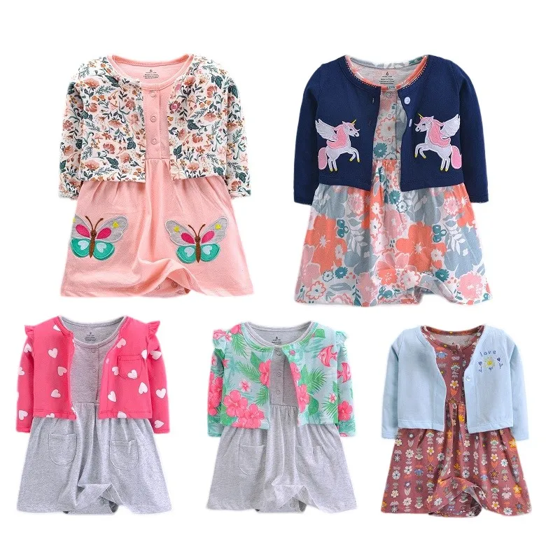 Newborn Baby Girl Bodysuit Dress Cute Animal 100% Cotton Romper Floral Baby Girl Clothing Set 2PCS Tops Coat+ Bodysuit