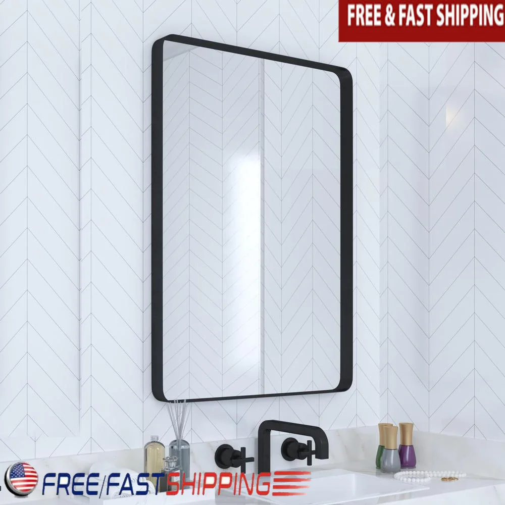 36x24 Inch Black Metal Framed Bathroom Vanity Mirror Farmhouse Rounded Rectangle Design Farmhouse Decor Premium 1/4-inch Float