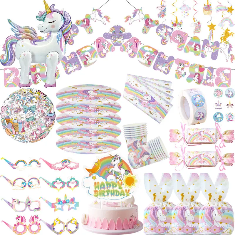 Unicorn Girl Birthday Decoration Set Cup Plate Unicorn Balloons Happy Banner Cake Topper Backdrop Supplies for Kids Party Favors