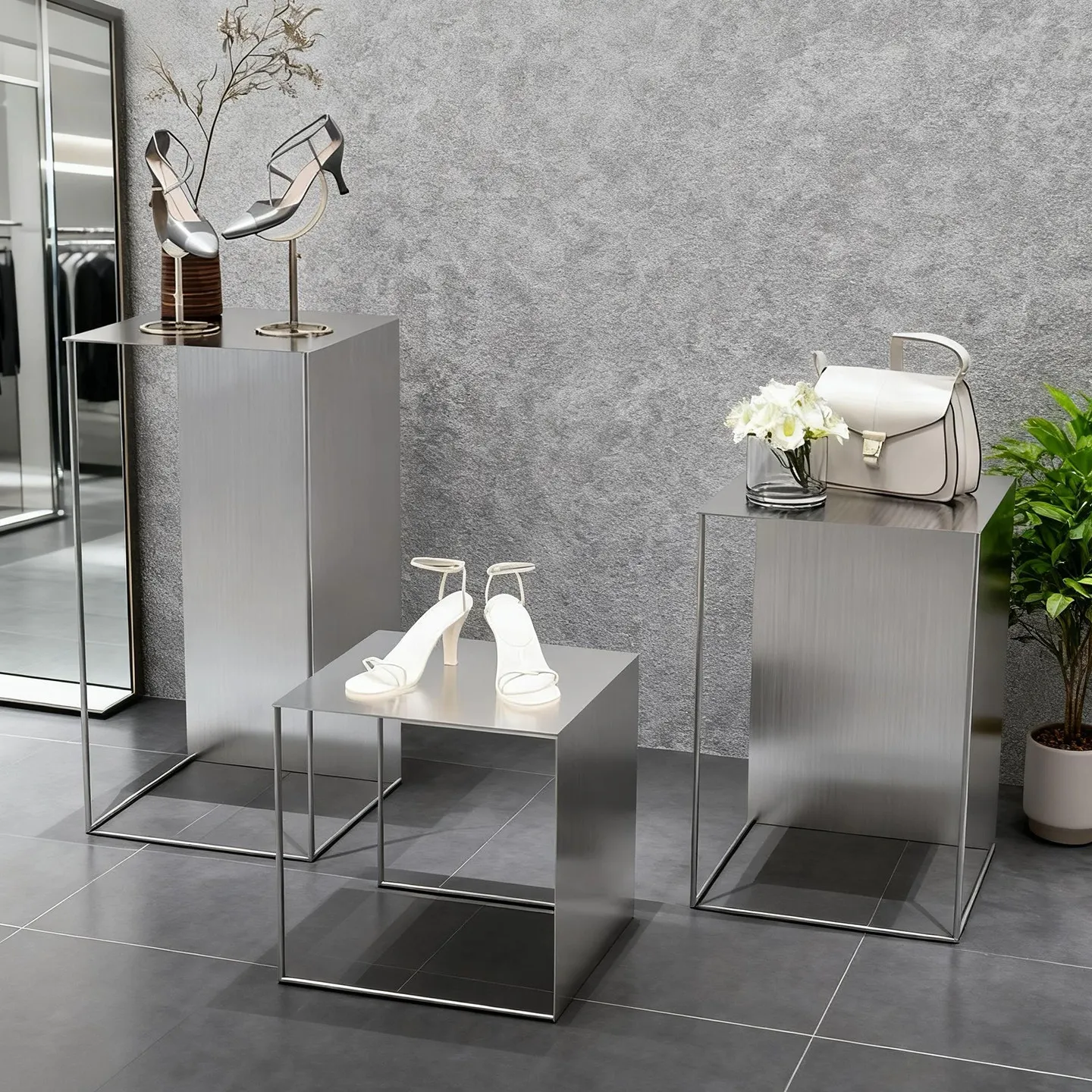 Clothing store display shelves stainless steel silver flowing water platform Zhongdao platform high and low table window decorat