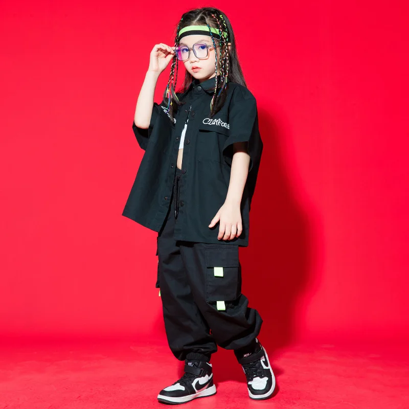 Kid Hip Hop Kleidung Schwarz Buchstaben Kurzarm Shirt Casual Street Cargo Jogger Hosen für Mädchen Junge Jazz Dance Kostüm Kleidung