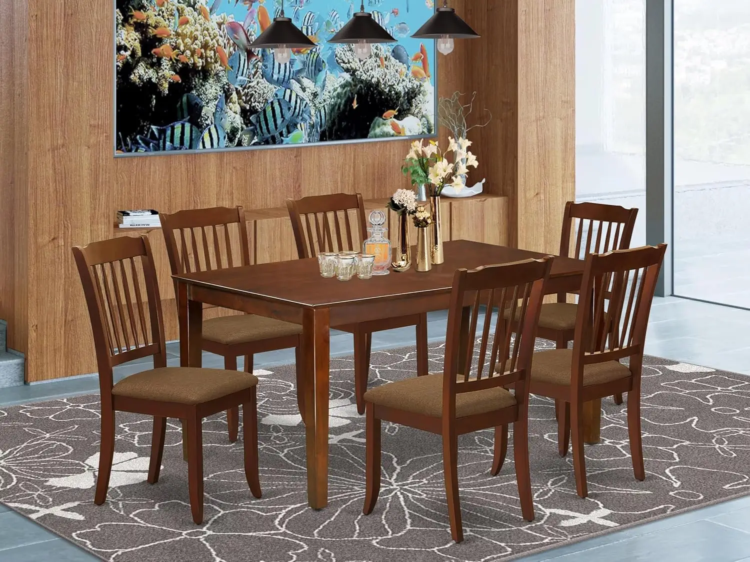 7 Piece Room Furniture Set Consist of a Rectangle Kitchen Table and 6 Linen Fabric Upholstered Dining Chairs, 36x60 Inch