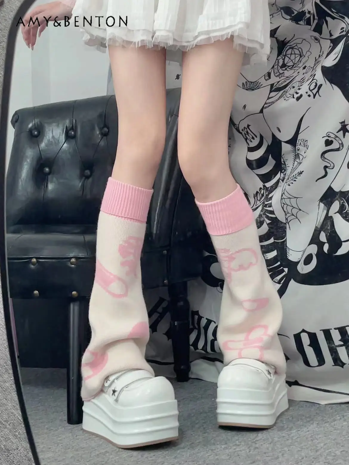 

Goth Printing Knit Leg Warmer Japanese Sweet Girl 2d Pink and White Stitching Socks Mine Mass-Produced Punk Knitted Legwarmers