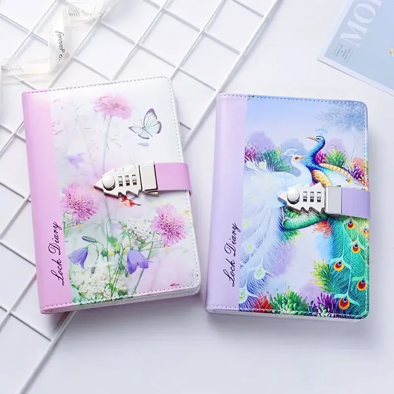 A5 Password Notebook Cute Cartoon Child Personal Diary with Lock Code Thick Notepad Pu Leather Office School Supplies Gift