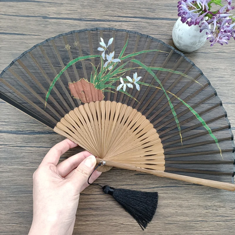 Hand-painted Orchid Women's Folding Fan Ancient Chinese Style Matching Hanfu Cheongsam Wedding Black Tassel Small Fan Jewelry