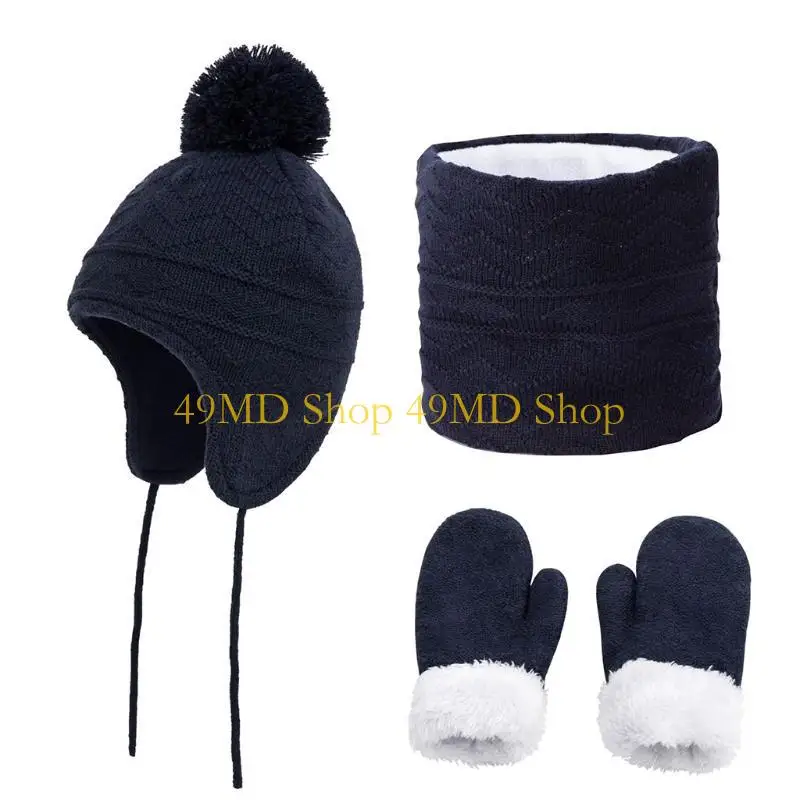 49MD 3 Pcs Comfortable Soft Fleece Children's Hats+ Scarf+ Gloves for 1-3 years