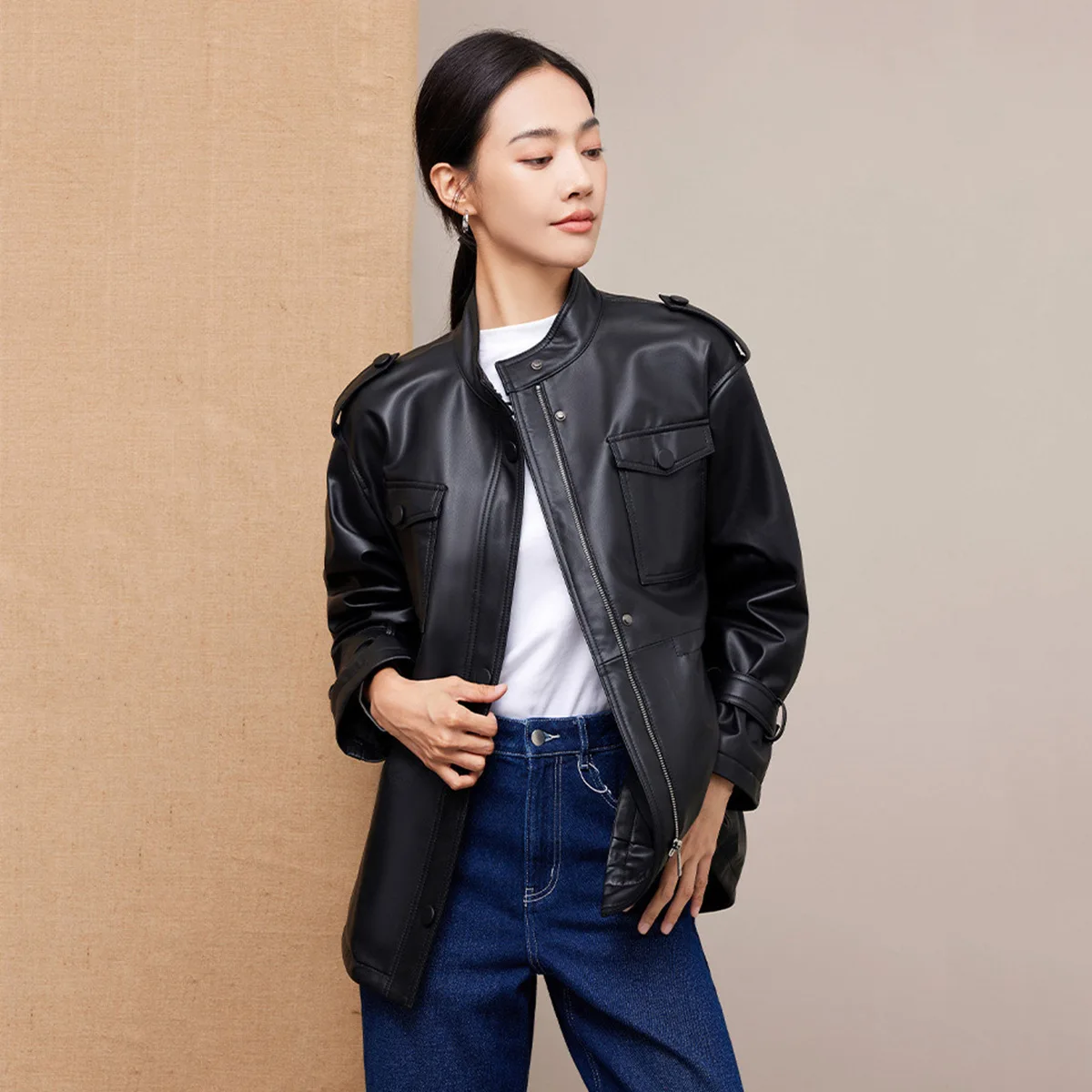 

Spring New Style Sheepskin Jacket Women's 2024 Haining Casual Stand up Collar Leather Coat F