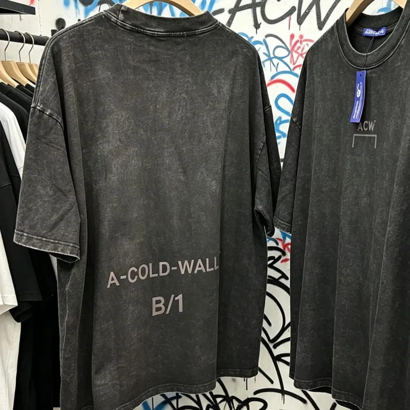 Real Photos American Hip-hop Street ACW Tshirts Heavy Industry Washed Black Round Neck Short Sleeve Men Women Oversize Top Tees