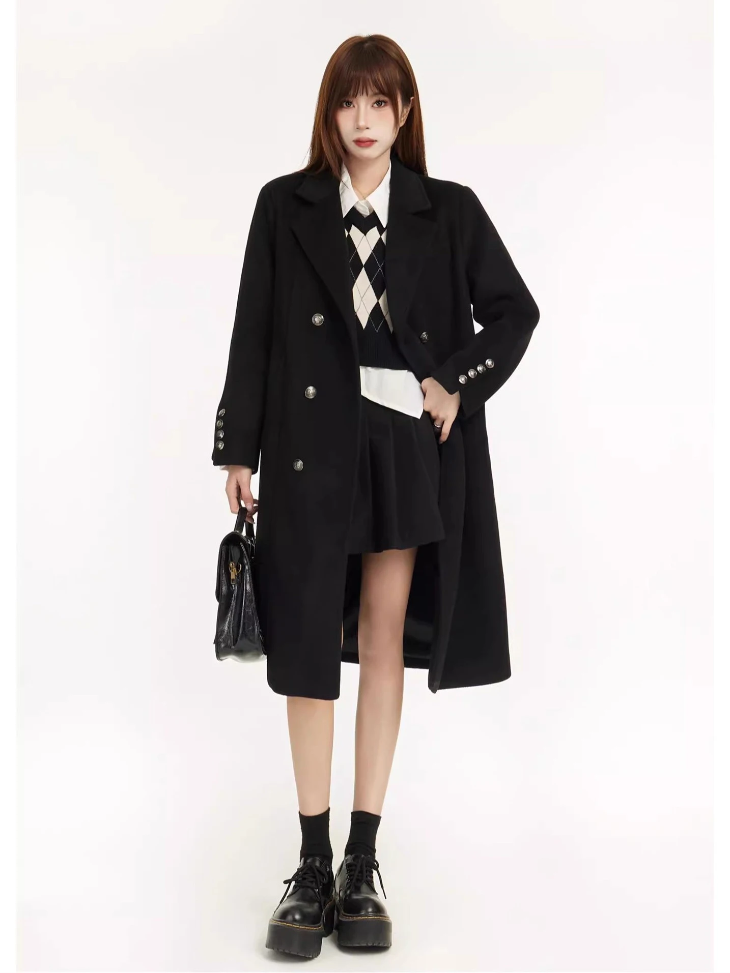 

Женское шерстяное пальто средней длины с дизайнерским узором, в корейском стиле, повседневное, для работы, теплое, с длинными рукавами