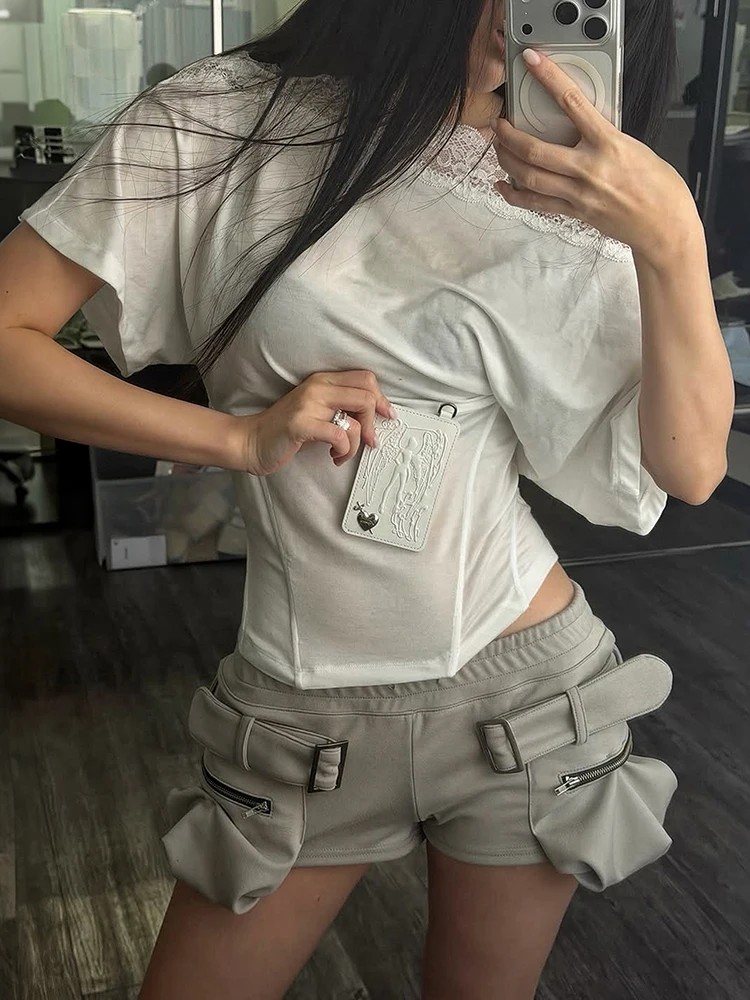 Sisterinda Leisure Short Women  Zipper Pocket Belt Buckle Decoration Elastic Waist Folds Hip-Hop Style Hottie Fashion Streetwear