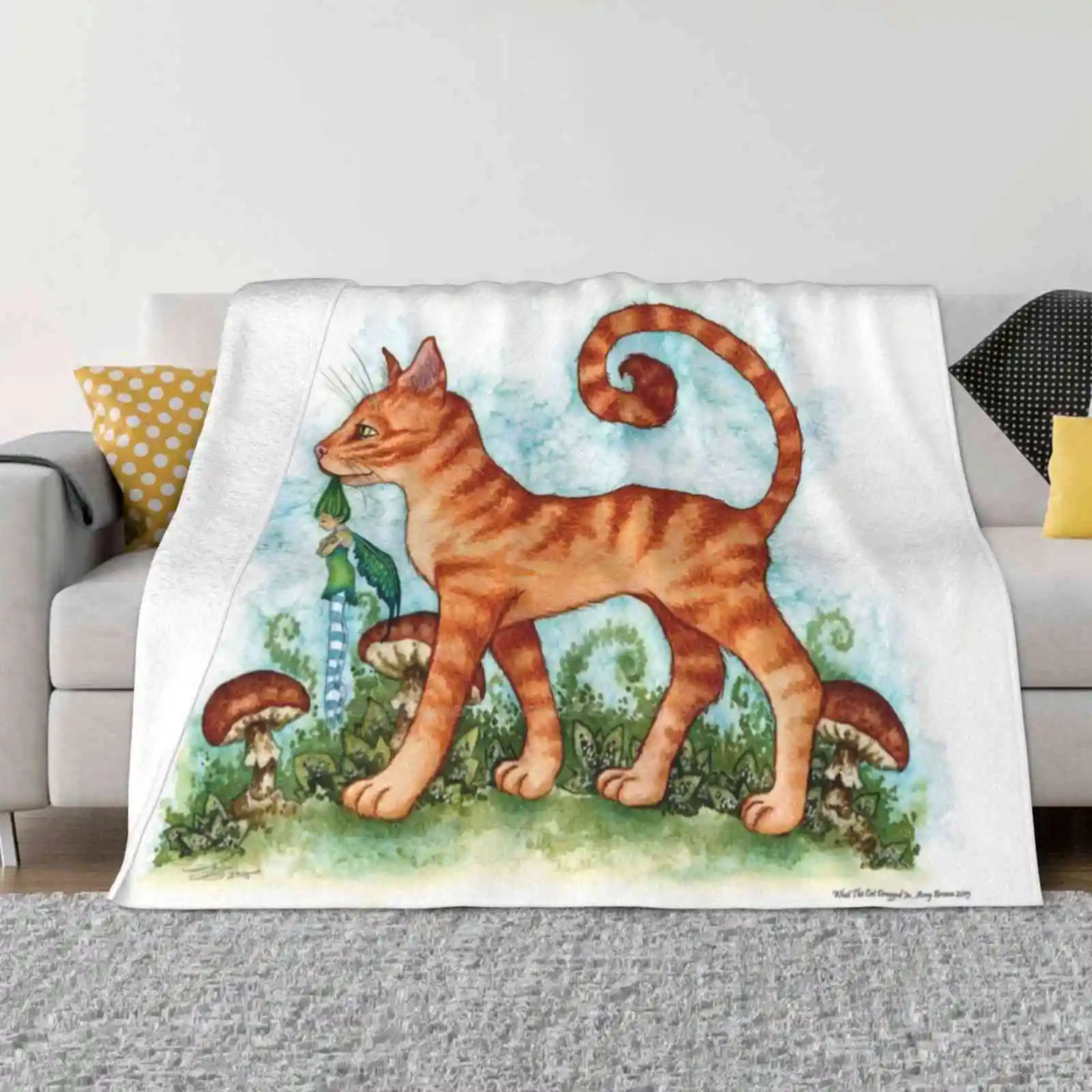 What The Cat Dragged In Creative Design Comfortable Warm Flannel Blanket Tabby Cat Fairy Amy Brown Mushroom Toadstool Humor