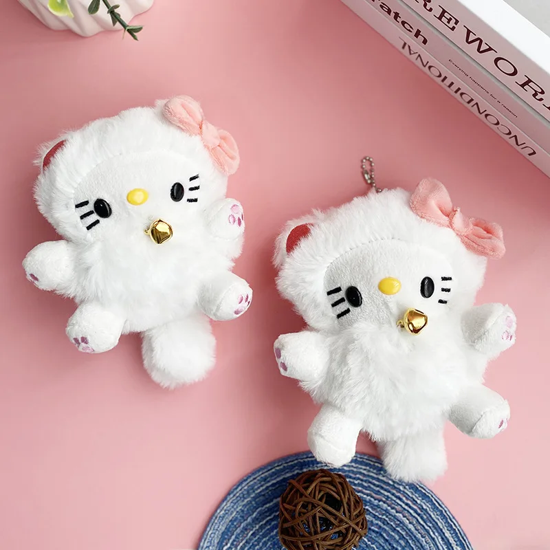 Kawaii Sanrio Hello Kitty Plush Doll Pendant Cartoon Ugly Cute Small Bell Kt Plush Keychain Stuffed Toy Bag Decoration Girl Gift