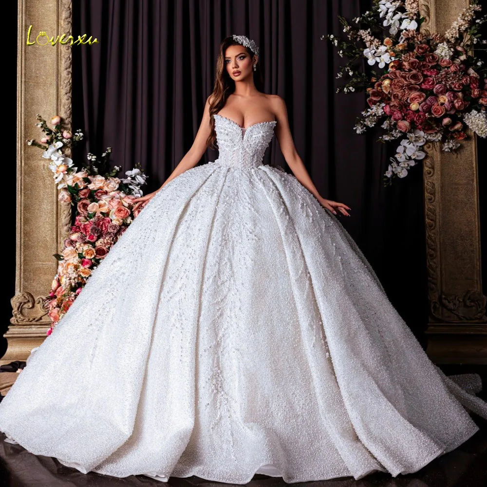 

Loverxu Ball Gown Luxury Wedding Dresses Strapless Beaded Vestido De Novia Lace Embroidery Pearls Custom Made Bridal Gowns