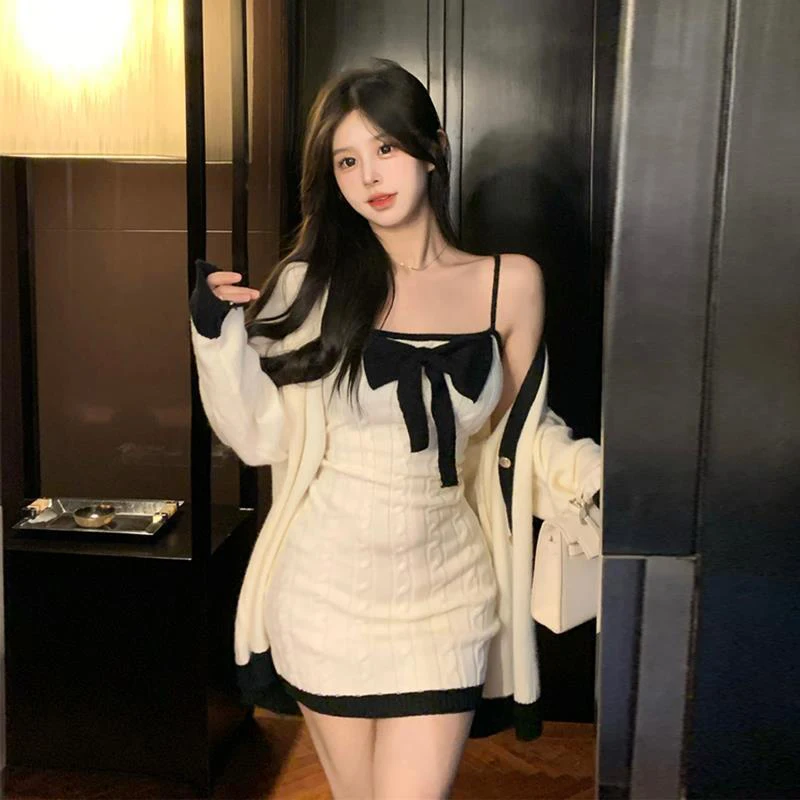 Women's Sweet Bow Design Knitted 2 Piece Set Dress, Long Sleeve Sweater, Korean Style, Sexy Club Party Dresses, Winter, New,2023