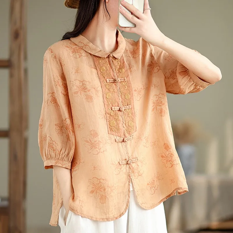 Women Casual Shirt New Arrival 2024 Summer Chinese Style Vintage Floral Embroidery Loose Female Half Sleeve Tops Shirts B3793