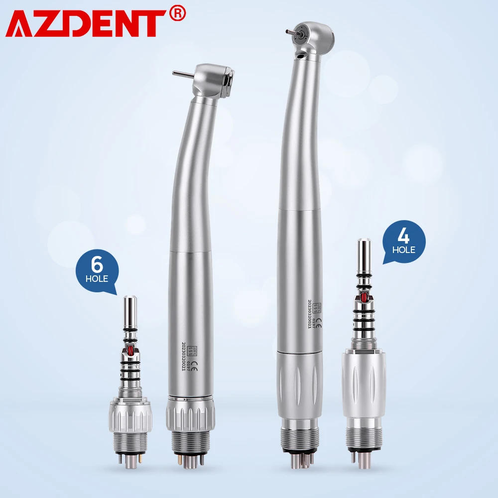 AZDENT Dental LED Fiber Optic High Speed Handpiece Push Button 3 Way Water Spray 4 Holes/6 Holes Quick Coupling Dentistry Tool