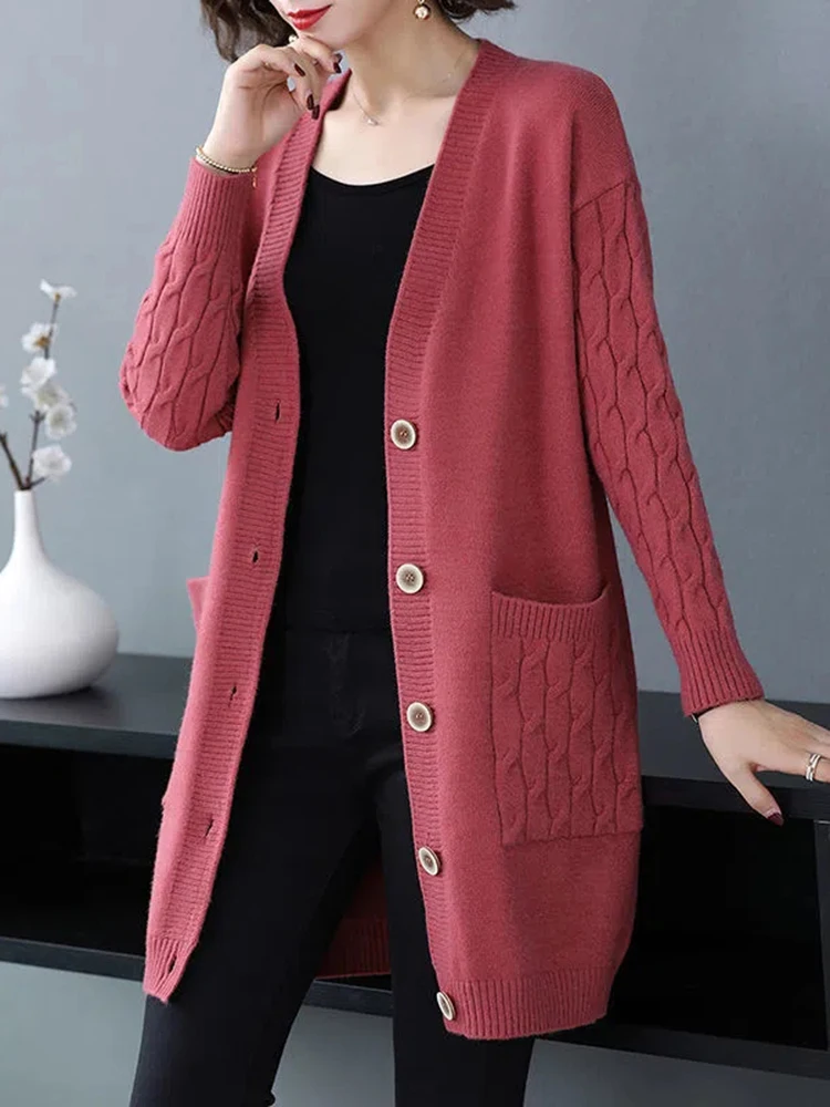 Spring Fall Women Knitted Cardigan V-neck Mid-length Korean Sweater Oversize 4xl Elegant Tops Coats Casual Knitewear Outwear