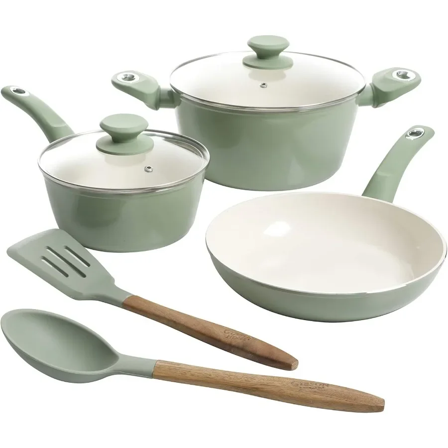 

Plaza Cafe Forged Aluminum Healthy PFAFree Ceramic Cookware Set 7Piece Set for Home Kitchen NonStick Mint Green Pots and Pans I