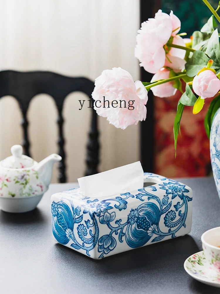 

LSL Blue and White Porcelain Napkin Holder Living Room Decoration Household Storage Box Ceramic Tissue Box