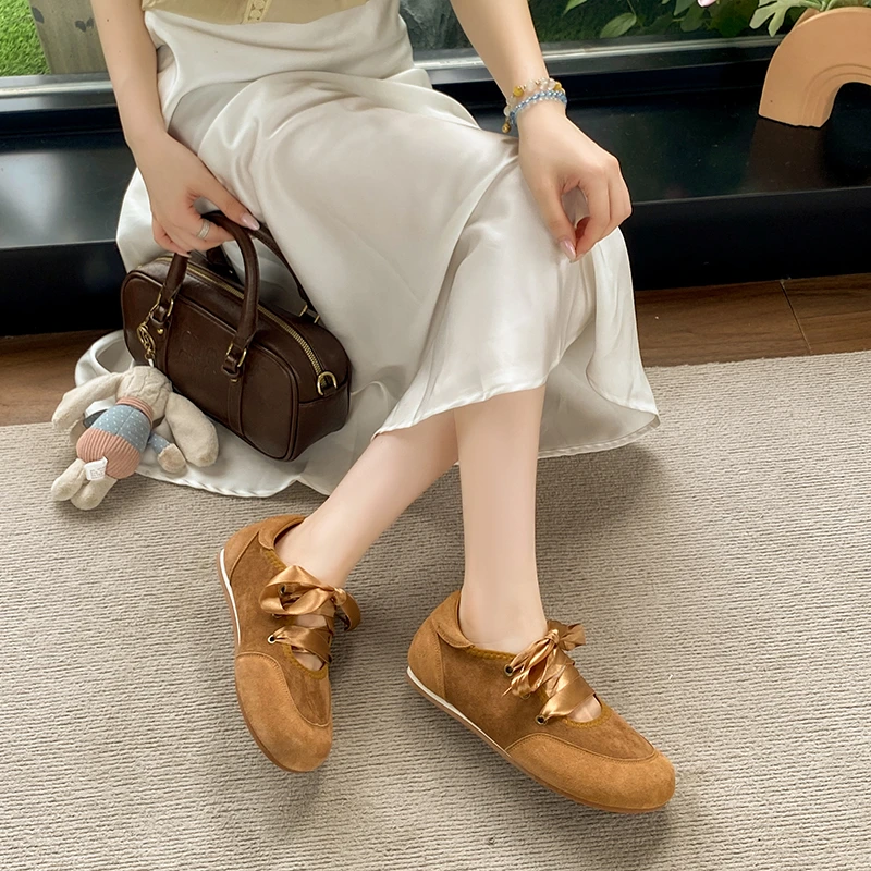 

Plus Size French Retro Style Bow Satin Shoelace Ballet Flats, Genuine Soft Leather Canvas Casual Shoes, Sneakers