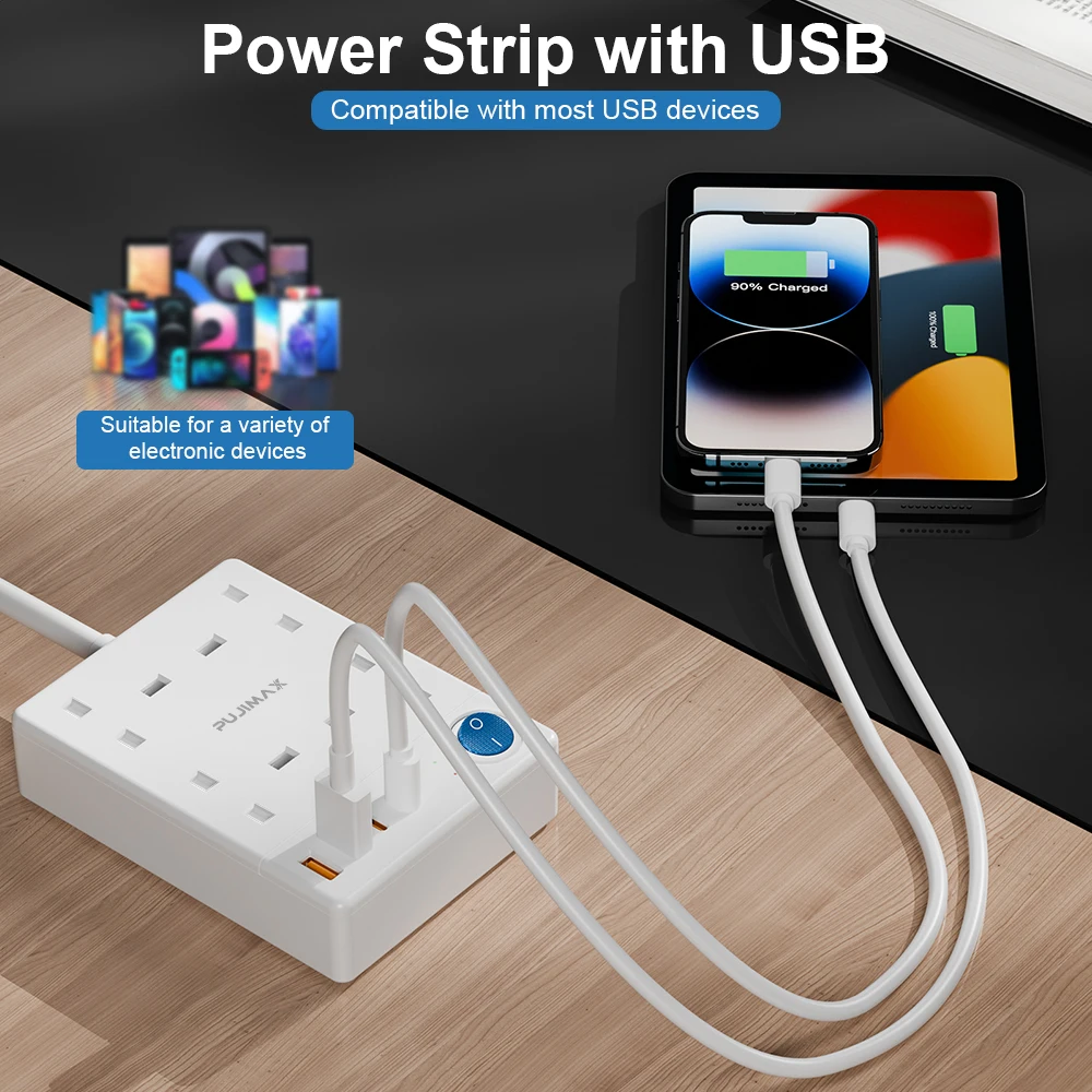 PUJIMAX  Flat Plug Power Strip With 4  Outlets +2 USB-A +2 USB-C 8 In 1 Electric Socket With 1.5 Ultra Thin Extension Cord