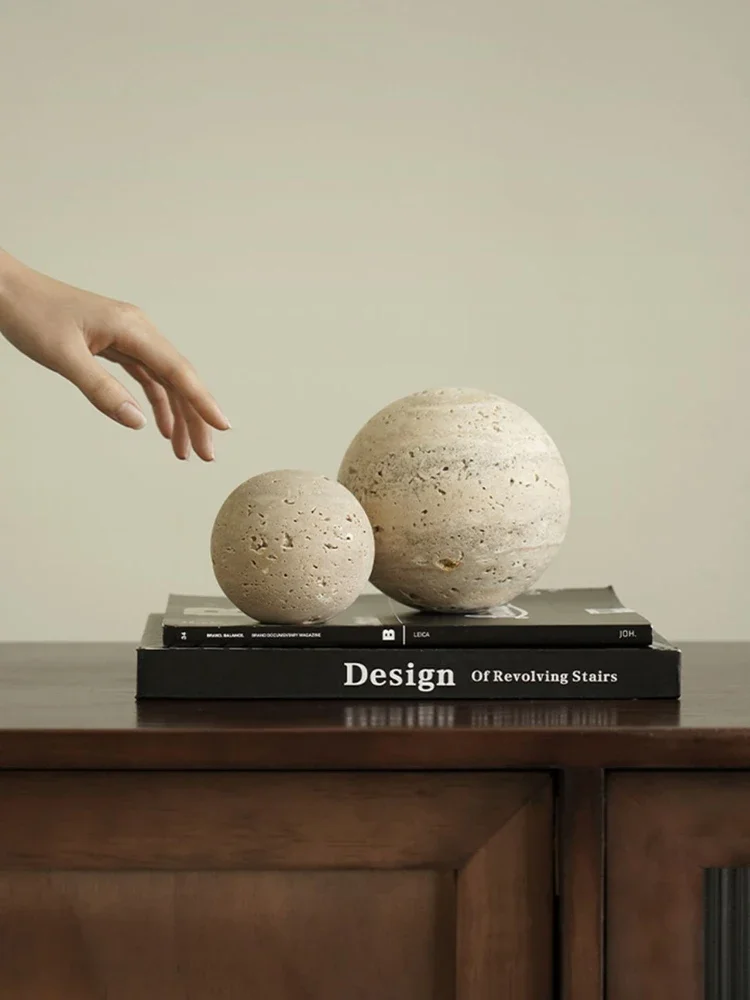 Natural Marble Stone Ball Decor for Table and Shelf Vintage Travertine Sphere Sculpture for Home Decoration