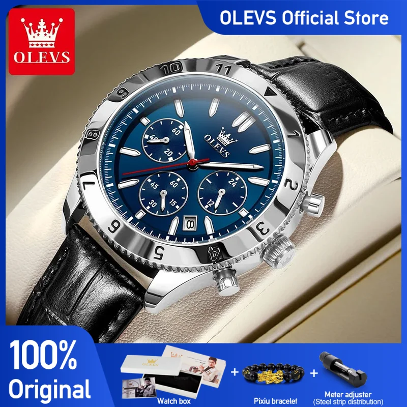 OLEVS Men's Watches Classic Fashion Original Watch for Man Waterproof Luminous Leather Strap Chronograph 24 Hour Display Date