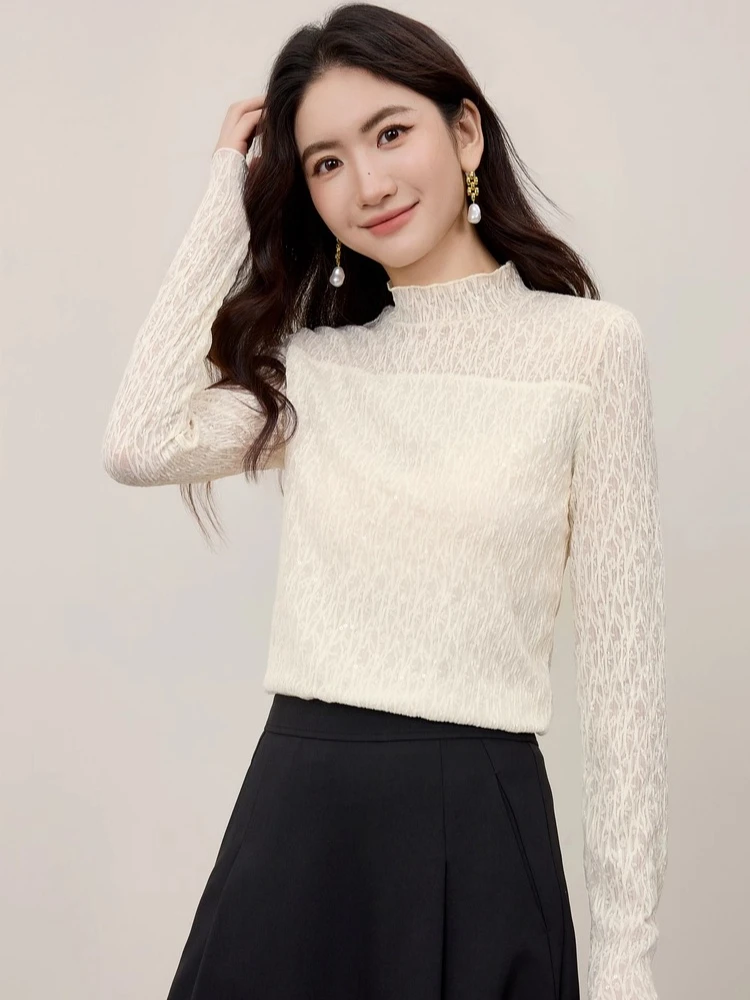 

SENTUBILA Lace T-shirts For Woman 2025 Autumn Half High Collar Slim Long Sleeve Beaded Floral Ladies Tees Elegant Tops 153SA2715