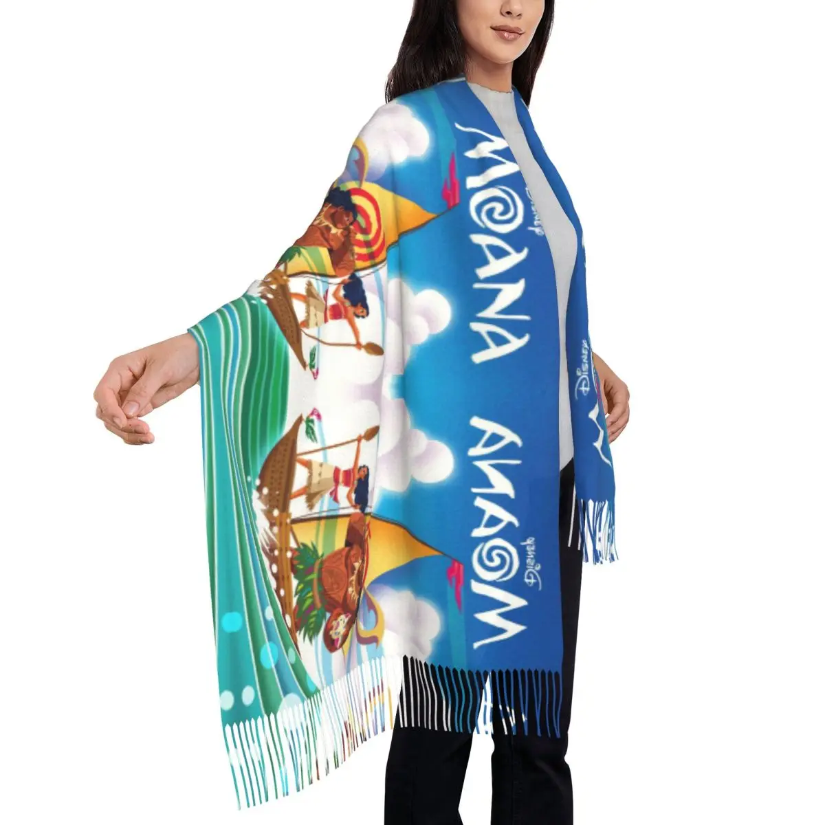 Custom Moana Ocean Spirit Poster Tassel Scarf Women Soft Shawls Wraps Female Winter Fall Scarves