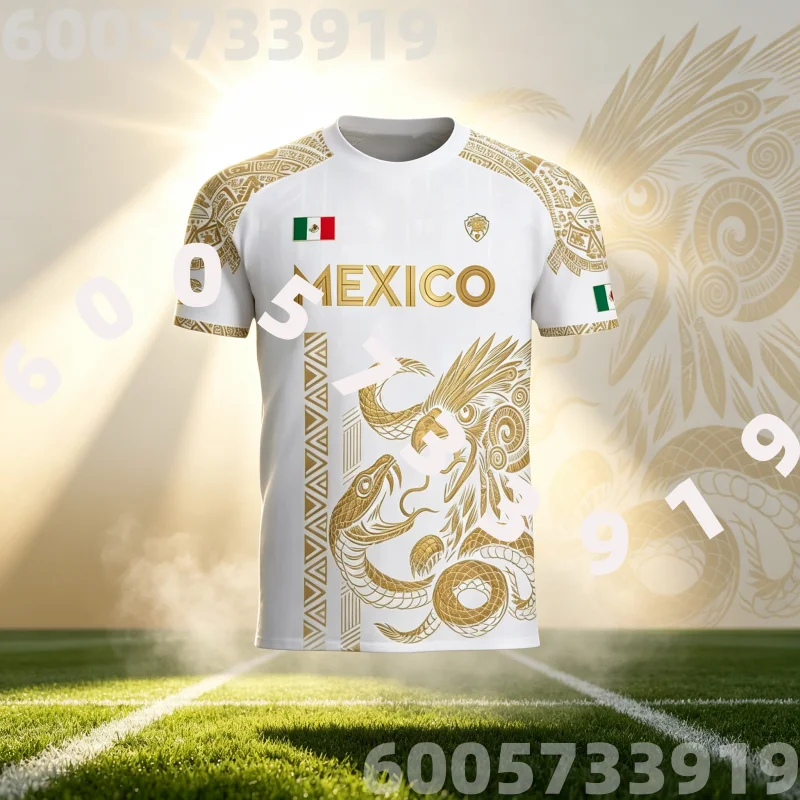 2026 New Mexico Soccer Jersey Men Gold Design with Aztec Eagle Snake Print and Mexican Flag for Football Fans Family Kids Tees